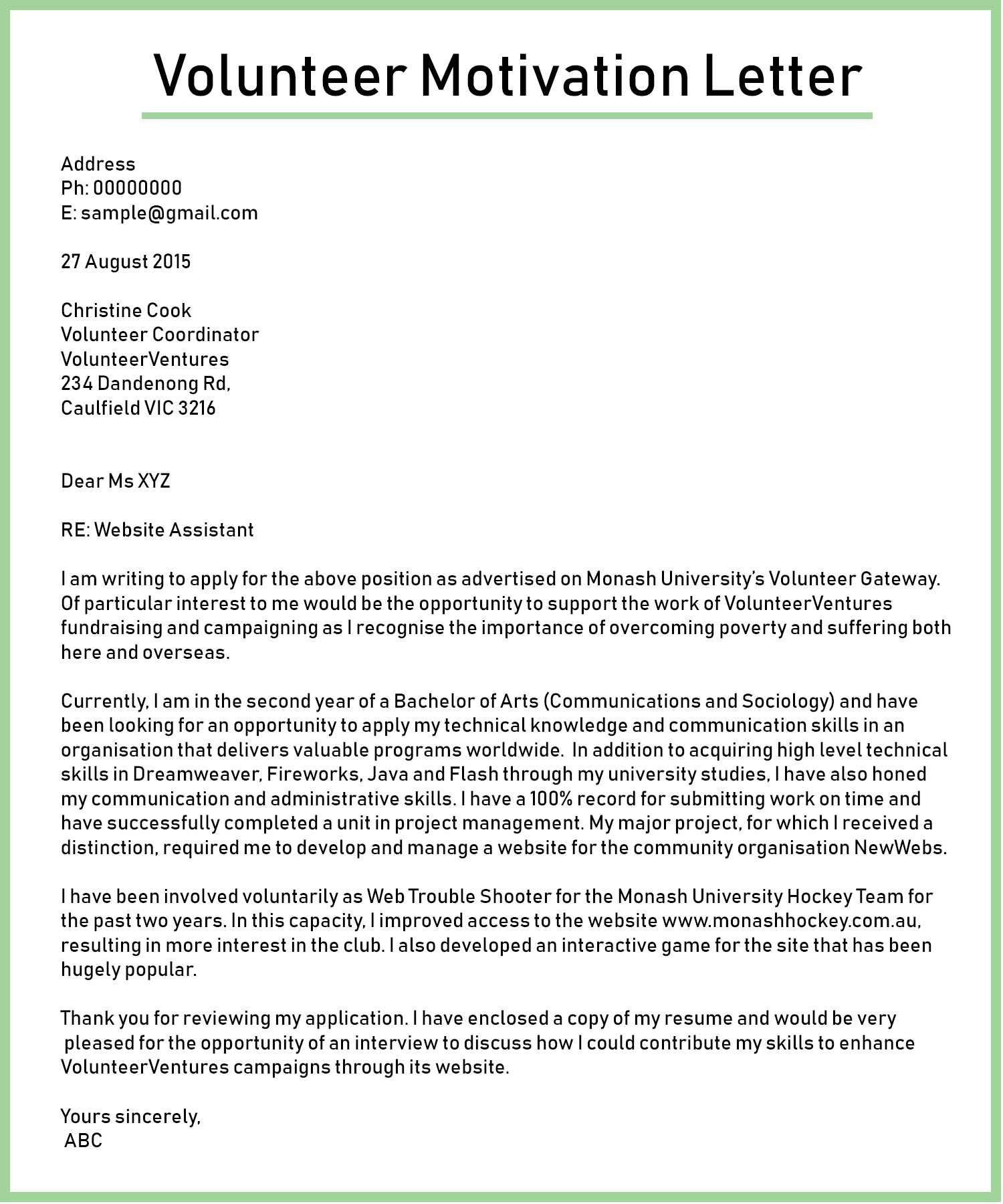 Volunteer Motivation Letter Sample